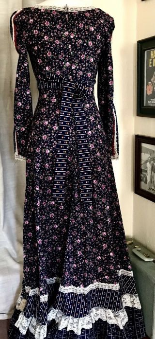 Vintage 70s Gunne Sax Dress Blue Wedding Boho Peasant Lace Maxi S Floral 8