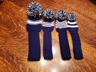Hand Knit Golf Club Covers - Vintage Style With Pom Poms - Navy/white - 4 Piece