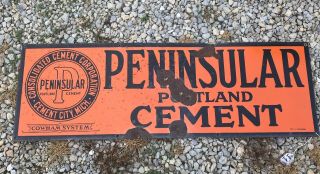 Rare Vintage Peninsular Cement Concrete Porcelain Metal Sign Cement City Mi 36”