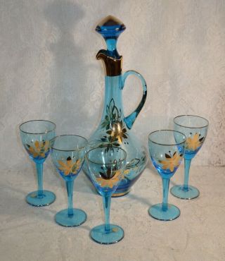 Vintage Romanian Handpainted Blue Glass Decanter And Glass Set