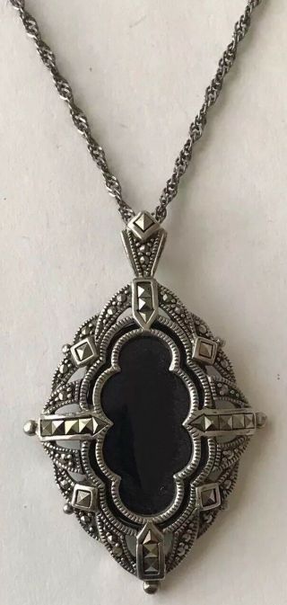Vintage Sterling Silver Ornate Open Work Onyx & Marcasite Pendant On 24” Chain