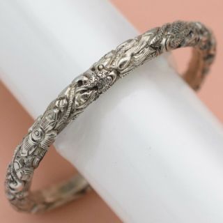Vtg Antique Chinese Sterling Silver Repousse Bangle Bracelet