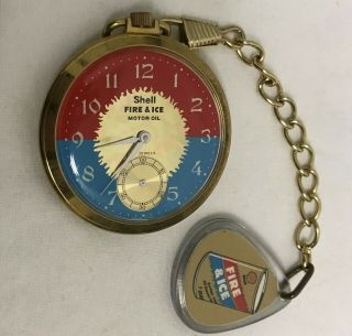 Vtg Clinton 17 Jewel Swiss Pocket Watch,  Fob Shell Fire Ice Motor Oil Running