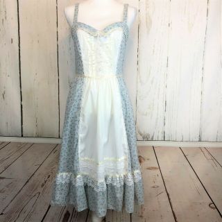 Vintage Gunne Sax Blue Prairie Dress Floral Boho Lace Pearls Sleeveless Sz 11