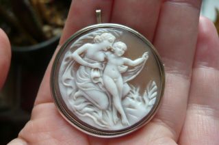 Vintage Angel And Cherub Shell Cameo And Silver Brooch