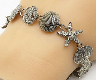 925 Sterling Silver - Vintage Starfish Seashell Charmed Chain Bracelet - B4587