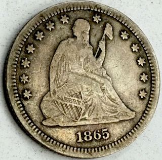 Rare - 1865 - P - Seated Liberty Quarter - 59,  400 Mintage - 90 Silver - Rare