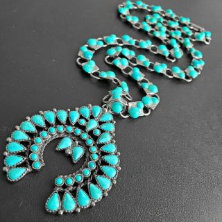 Vintage Turquoise Squash Blossom Necklace Native American Silver Tone Naja P13