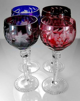 Set 4 Tall Vintage Bohemian Cut Glass Wine Stems Multi Jewel Colors Ajka Style