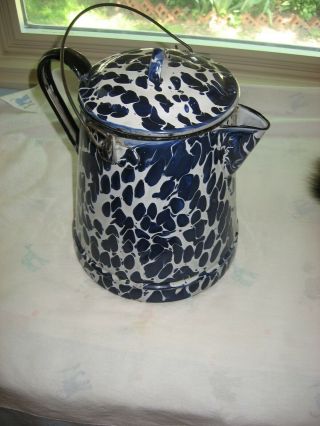 Vintage Antique Large Blue & White Swirl Coffee Pot Enamelware Graniteware