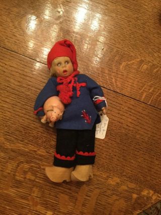 Antique Felt Doll Lenci Or Lenci Type All Boy Carrying A Pig