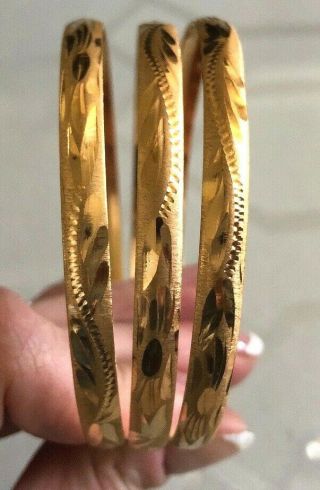 Gorgeous Set Of 3 Yellow Gold Filled Textured Thin Bangle Stacking Bracelets