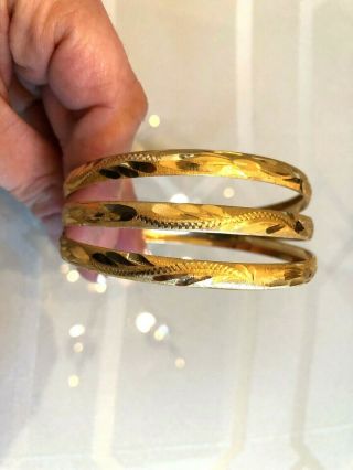 GORGEOUS SET OF 3 Yellow GOLD FILLED TEXTURED THIN BANGLE STACKING BRACELETS 4