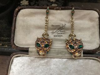 Butler & Wilson Vintage Leopard Heads Green & Topaz Crystal Drop Earrings B&w