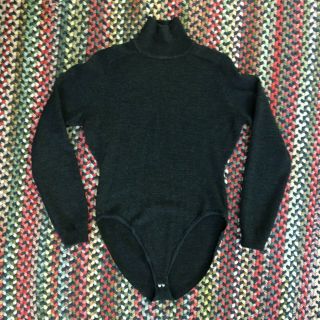 Dkny Vtg 100 Wool Mock Neck Sweater Leotard Charcoal Grey Black Women M L