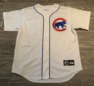 Chicago Cubs Majestic Stitched Mesh Jersey Size Large White Big Logo Vintage