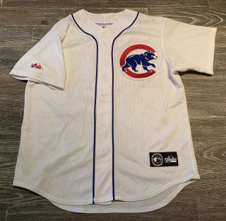 Chicago Cubs Majestic Stitched Mesh Jersey Size Large White Big Logo Vintage 5