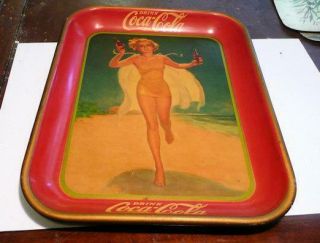 Vintage 1937 Coca Cola Advertising Tip Tray Girl Running On Beach