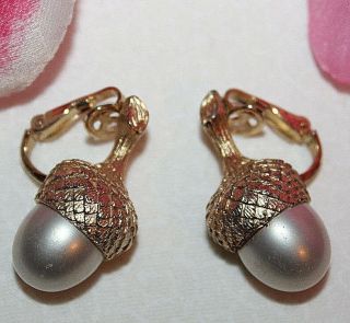 Meaningful And Rare Crown Trifari Signed Faux Pearl And Acorn Shaped Clips