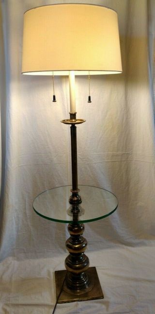 Vintage Mid Century Brass Stiffel Floor Lamp With Glass Table 54 " W/duel Sockets