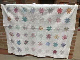 Vintage Cotton Quilt Evening Star Feed Sack Faded Calico Prints 74 " X84 " Summer