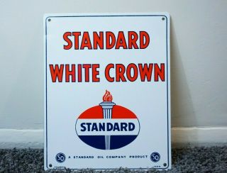 Vintage Standard Oil White Crown Gasoline Porcelain Sign Gas Metal Pump Plate
