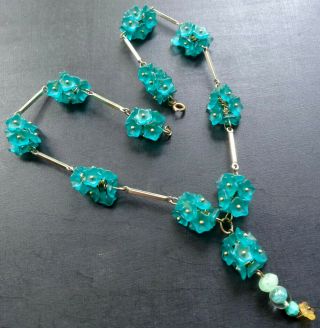 Vintage Teal Blue Green Czech Glass Flower Bead Brass Wire Lavalier Necklace Q46