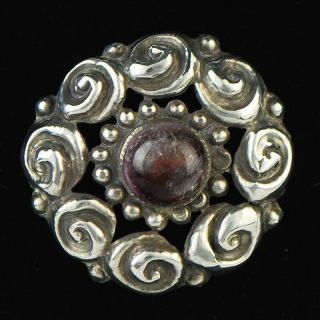 Early Mexican Silver Repousse Amethyst Brooch Pin