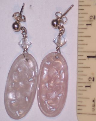 Antique Chinese Carved Rose Quartz Stone Dangle Pierced Earrings Flowers C1920