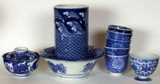 Selection Of Antique And Vintage Japanese Blue White Doban Porcelain Transferwar
