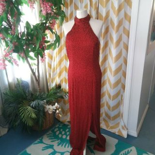 Milano Ladies Size Xl Vintage Red Beaded Silk Evening Gown Formal Long Dress