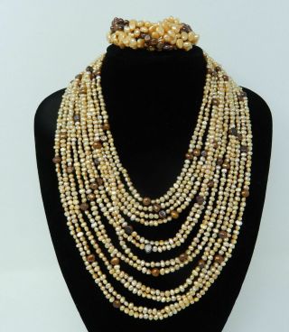 Multi - Strand Gold & Bronze Fresh Water Pearl Necklace & Stretch Bracelet