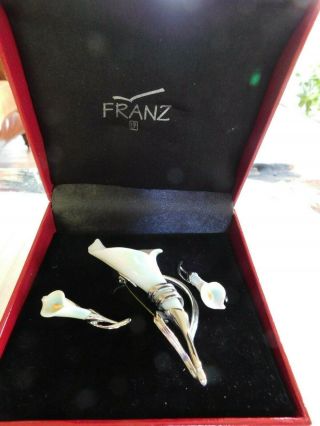 Franz Porcelain Rhodium Calla Lily Flower Pin/brooch & Pierced Earrings - Org.  Box