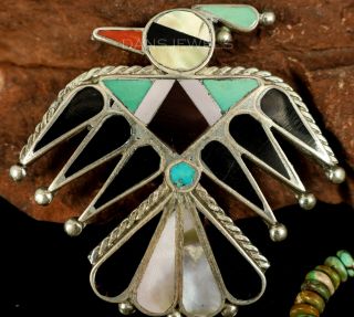 Vintage Old Pawn Sterling Silver Turquoise Coral Zuni Thunderbird Inlay Pendant