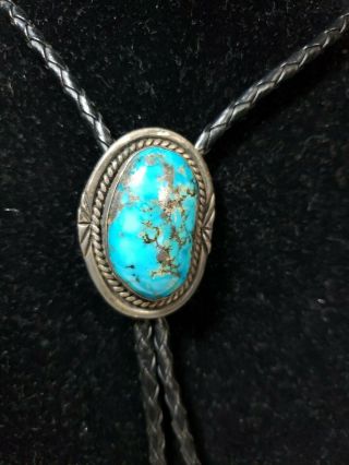 Vintage Native American Sterling Silver Turquoise Bolo Tie.  Large Center Stone