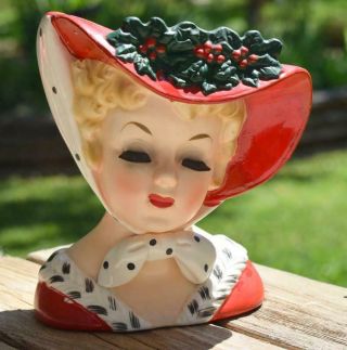 Rare 1961 Vtg Napco Christmas Lady Cx4900b Holly & Berries Hat Head Vase 5.  75 "