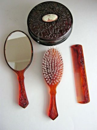 Vintage Avon Cameo Vanity Dresser Set Mirror Brush Comb Powder Dish Hard To Find