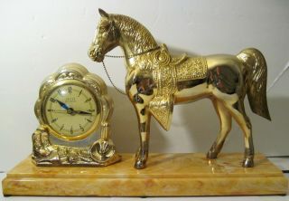 Vtg 50s United 17 " Mantle Clock Gold Horse Western Cowboy Rodeo Themed