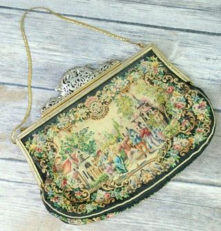 Vintage Jolles Petit Point Tapestry Purse Gilt Clasp Renaissance Garden Austria