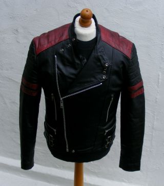Vintage Black Red Leather Biker Cafe Racer Jacket Mens 44 Large Bobber Punk