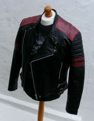 vintage black red leather biker cafe racer jacket mens 44 large bobber punk 2