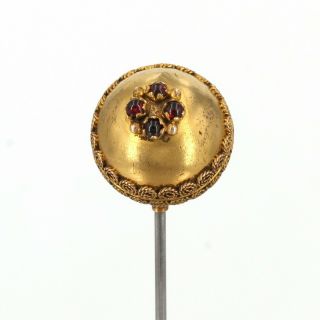 Antique Hat Pin With 14k Gold Garnet Accent Etruscan Ball Top