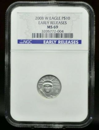 2008 - W Burnished Ngc Ms69 Er 1/10oz $10 Platinum American Eagle.  Rare,  Pop 3,  706