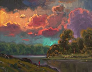 Oil Painting Landscape Vintage Clouds Signed Art Red Impressionist Max Cole