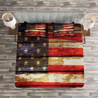 American Flag Quilted Bedspread & Pillow Shams Set,  Vintage Wooden Print