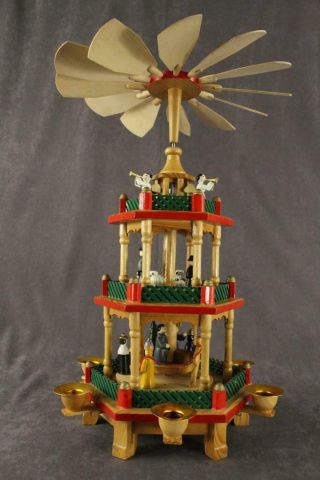 Vintage Erzgebirge German Pyramid Christmas Nativity Scene Carousel Three Tier