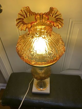 Vintage Fenton Glass Hurrican Lamp Amber Shade W Marble Base