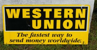 VINTAGE LARGE DOUBLE SIDED WESTERN UNION TIN METAL ADVERTISING SIGN 4