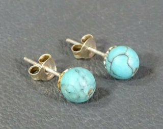 Antique Art Deco Sterling Silver&natural Turquoise Gemstone Round Beads Earrings
