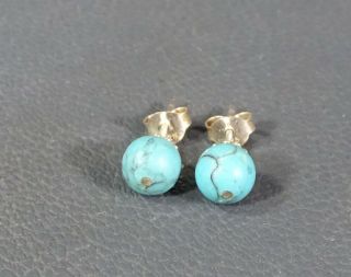 Antique Art Deco Sterling Silver&Natural Turquoise Gemstone Round Beads Earrings 2